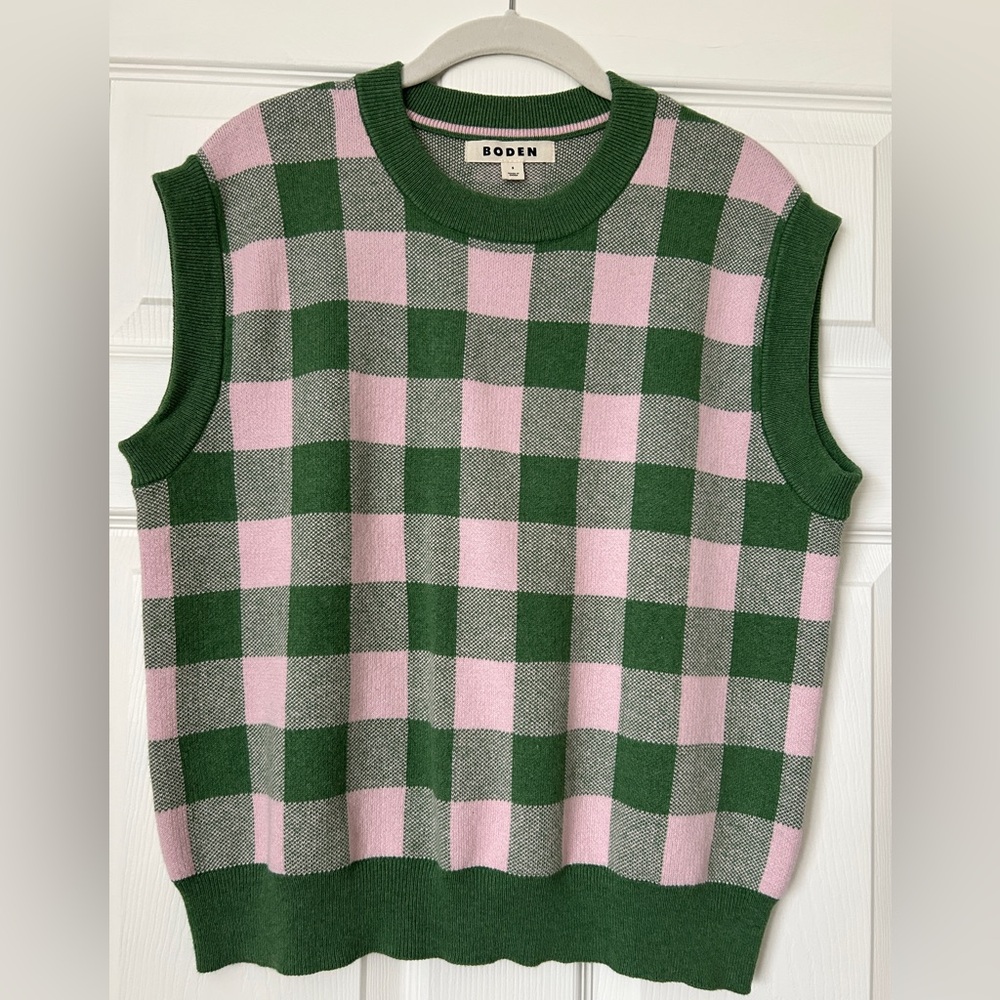 Boden Pink and Green Check Knit Sweater Vest